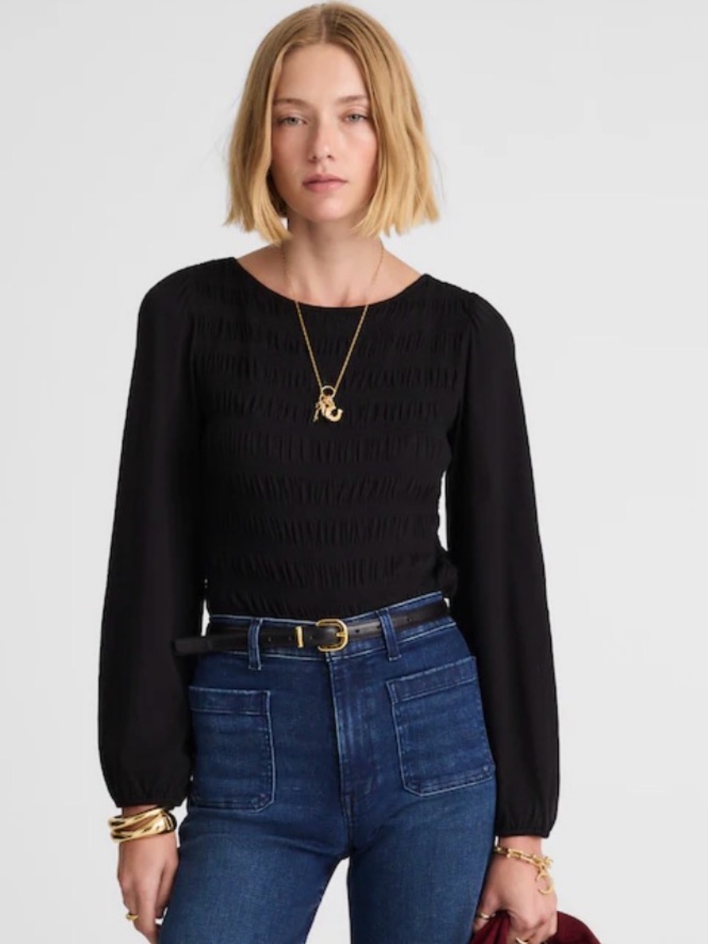 Madewell Smocked Long Sleeve Top Black Puff Sleeve Stretch Cotton Size S